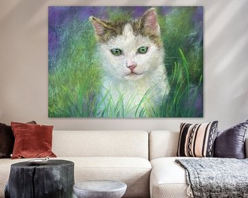 Neugierige Katze in der grünen Wiese Pastellgemälde von Karen Kaspar