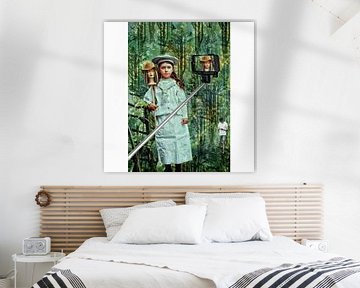 Girl with selfie stick and.man with smartphone in a forest