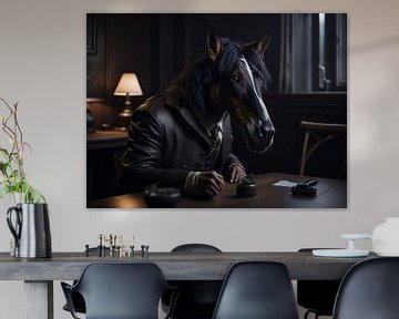 Paard zittend aan een tafel met leren jas van Michael