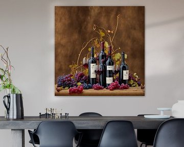 Composition of wine bottles with grapes and vines by Michael