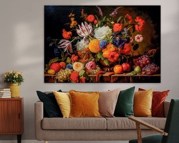 Still life with flowers and fruit by Peet de Rouw