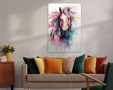 abstract kleurig aquarel van een paard. van Gelissen Artworks