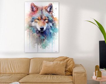 abstract kleurig aquarel van een wolf. van Gelissen Artworks