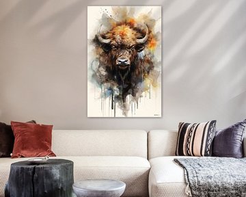 abstract kleurig aquarel van een bizon van Gelissen Artworks