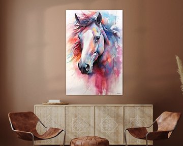 Aquarelle abstraite en couleurs d'un cheval. sur Gelissen Artworks