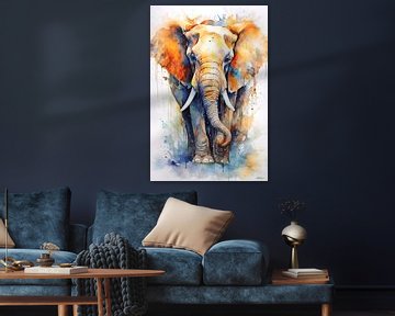 aquarelle abstraite en couleur d'un éléphant sur Gelissen Artworks