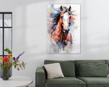 Aquarelle abstraite en couleurs d'un cheval. sur Gelissen Artworks