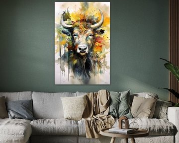 abstract kleurig aquarel van een koe. van Gelissen Artworks