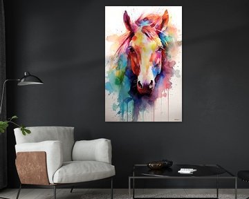 Aquarelle abstraite en couleurs d'un cheval. sur Gelissen Artworks