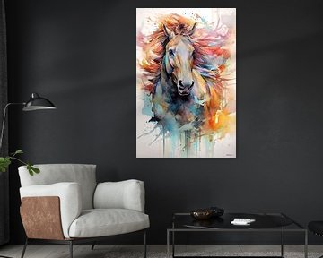 Aquarelle abstraite en couleurs d'un cheval. sur Gelissen Artworks