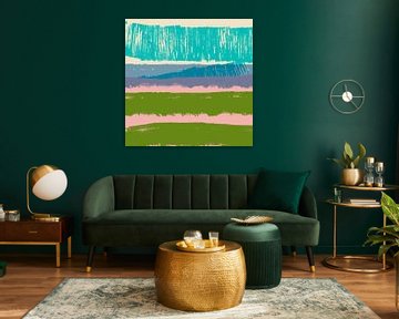 Color shapes and lines. Modern abstract landscape in pastel colors. Grassland. by Dina Dankers