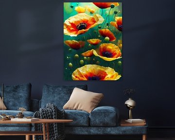 Poppies in yellow orange, emerald and turquoise by Retrotimes
