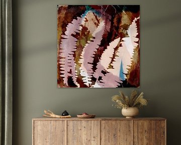 Organische abstracties. Moderne abstracte botanische kunst. Varensbladeren in roze op bruin van Dina Dankers