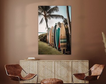 Surfplanken op het palmstrand van drdigitaldesign