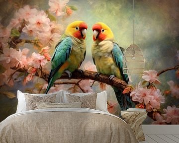 Papegaaien tussen Bloesem - Romantische Schilderkunst van Joriali fotografie en schilderijen