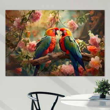 Papageien zwischen rosa Blüten – Farbenfrohes Gemälde von Joriali Fine Art