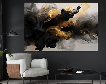 Abstract explosie in zwart en goud van Digitale Schilderijen