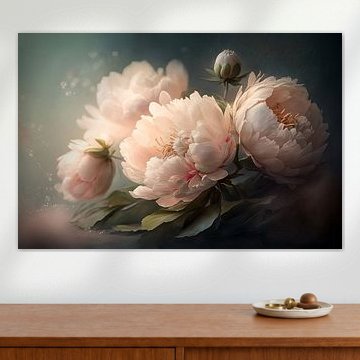 Pioenrozen schilderij – romantisch bloemenstilleven in zacht licht en pasteltinten van Joriali Fine Art