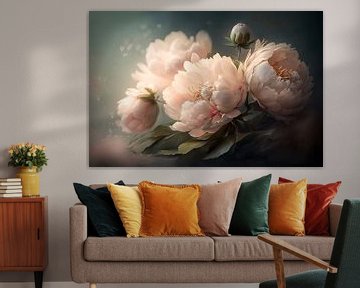 Pfingstrosenmalerei – romantisches Blumenstillleben in sanftem Licht und Pastelltönen von Joriali Fotografie und Gemälde