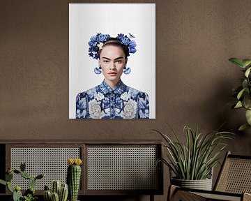 Frida in Delft blue style white background, modern dutch variation of iconisch portrait by Mijke Konijn