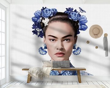 Frida in Delft blue style white background, modern dutch variation of iconisch portrait by Mijke Konijn