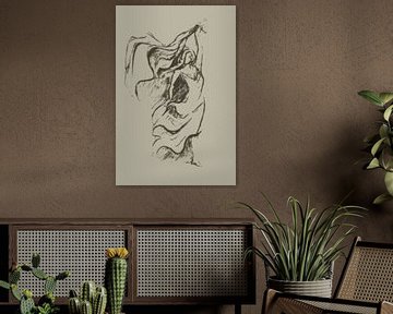 Vrouw danst met de wind - semi abstract kunstwerk in taupe en greige van Emiel de Lange