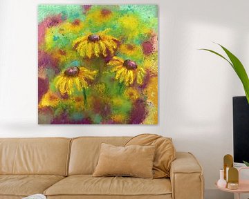 Bloemperkje met gele Rudbeckia Aquarel en Pastelkrijt van Karen Kaspar