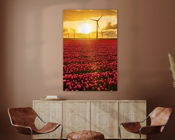 Red tulips in a field with wind turbines in the background by Sjoerd van der Wal