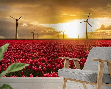 Rode tulpen in een veld met windturbines op de achtergrond van Sjoerd van der Wal Fotografie