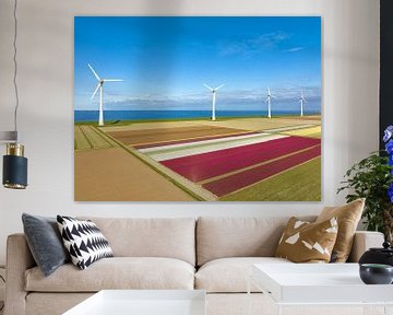 Tulips in agricultural fields with wind turbines in the backgrou by Sjoerd van der Wal Photography