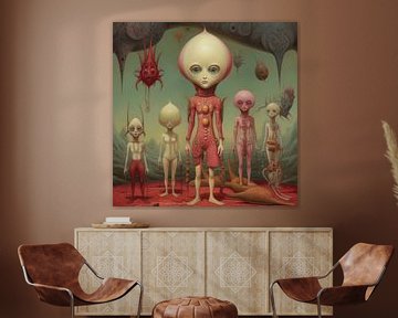 Vreemde wezens of aliens in een bijzonder sprookjes fantasie landschap van Art Bizarre