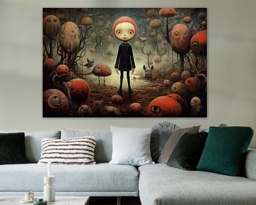 Vreemde wezens of aliens en een jongen in een bijzonder sprookjes landschap van Art Bizarre