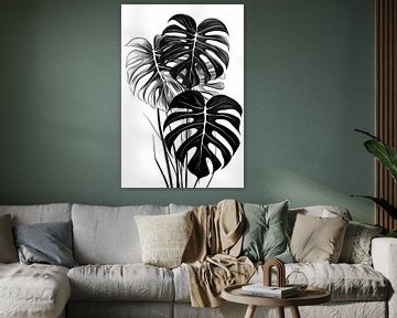 Monstera bladeren zwart-wit illustratie