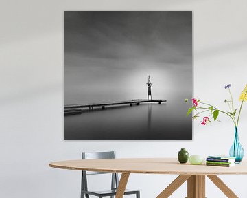 Melancholy - Black and white photo of decking and lighthouse in Cattenbroekerplas, Woerden by Phillipson Photography