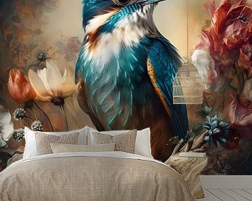 Eisvogel zwischen bunten Blumen