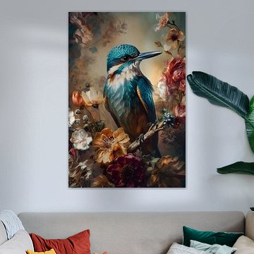 Kingfisher among colourful flowers by But First Framing