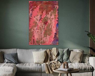 Abstract Botanisch Bohemen. Een modern-chique mix van varenbladeren en bloemen in roze en roest. van Dina Dankers