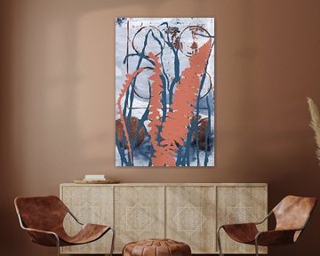 Abstract Botanical Bohemia. A Modern Chic Mix of Fern Leaves and Grass in Terra and Blue by Dina Dankers