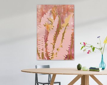 Abstract Botanisch Bohemen. Een moderne chique mix van varens, bladeren en gras in roze en terracott van Dina Dankers