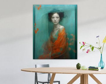 Modern portret in oranje en blauw van Carla Van Iersel