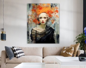 Portrait moderne en orange et noir sur Carla Van Iersel