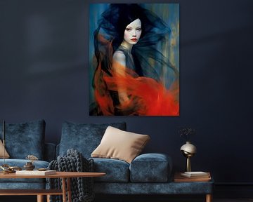 Modern portret in oranje, zwart en blauw van Carla Van Iersel