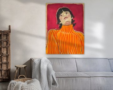Portrait illustré d'une femme en orange et rose. sur Hella Maas