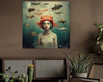 Mooie vrouw in een vreemde bizarre oceaan met visjes van Art Bizarre
