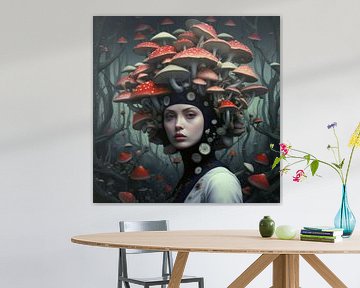 Bizarre illustratie van een mooie vrouw met paddenstoelen op haar hoofd van Art Bizarre