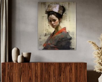 Portret "Geisha in rode tinten" van Carla Van Iersel