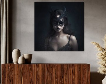 Sensual woman with black lace mask by Vlindertuin Art