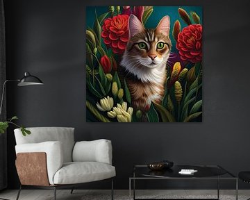 Chat roux parmi les fleurs sur Jadzia Klimkiewicz