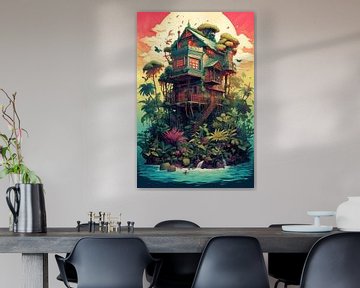 Strange bizarre island with tropical flowers and the sea by Art Bizarre
