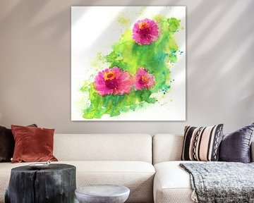 Trois zinnias en rose aquarelle sur Karen Kaspar